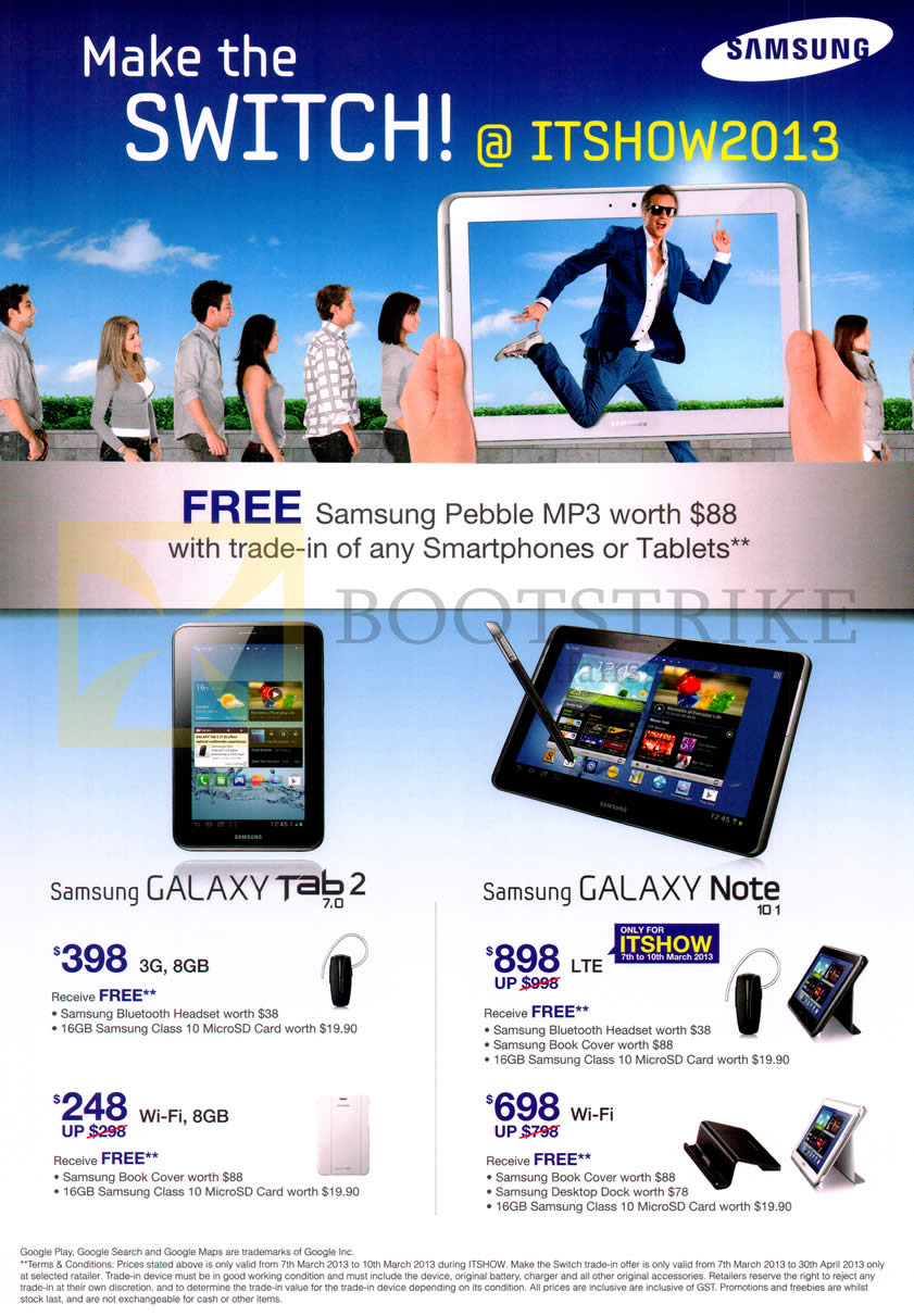 IT SHOW 2013 price list image brochure of Samsung Tablets Galaxy Tab 2 7.0, Galaxy Note 10.1, Trade In Get Free Pebble MP3