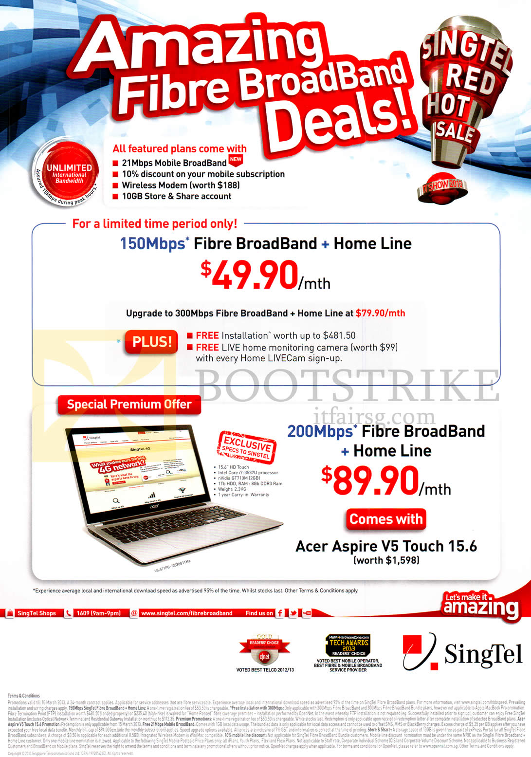 IT SHOW 2013 price list image brochure of Singtel Broadband Fibre 150Mbps, Fixed Line, 200Mbps Free Acer Aspire V5 Touch 15.6 Notebook