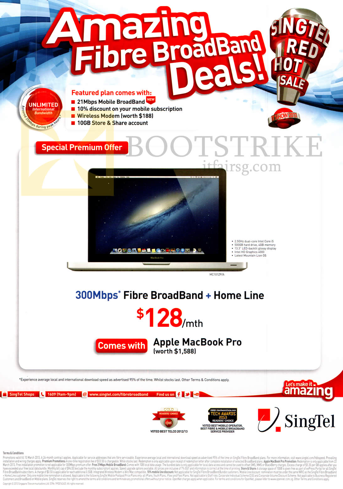 IT SHOW 2013 price list image brochure of Singtel Broadband Fibre 300Mbps, Fixed Line, 21Mbps Mobile Broadband, Free Apple Macbook Pro