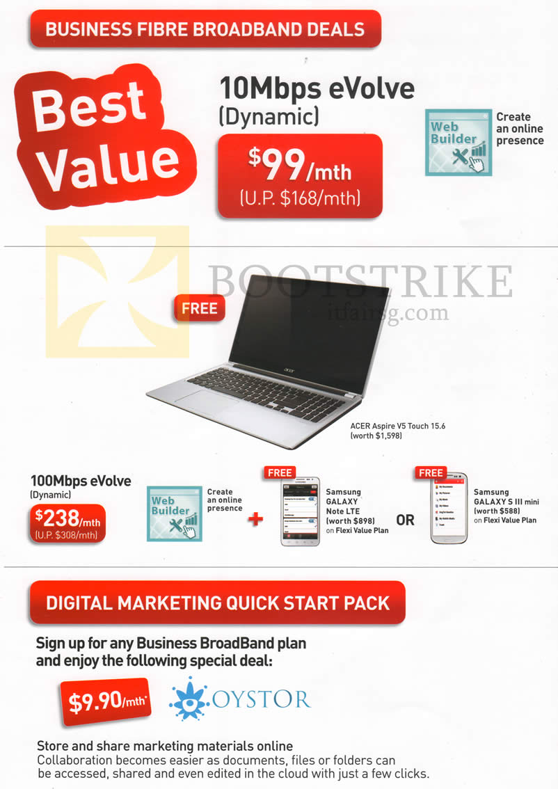 IT SHOW 2013 price list image brochure of Singtel Business Broadband 10Mbps EVolve Dynamic 100Mbps, Digital Marketing Quick Start Pack Oystor