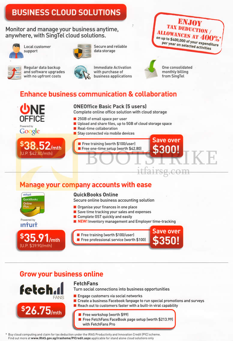 IT SHOW 2013 price list image brochure of Singtel Business Cloud Solutions, OneOffice Basic Pack, QuickBooks Online, FetchFans