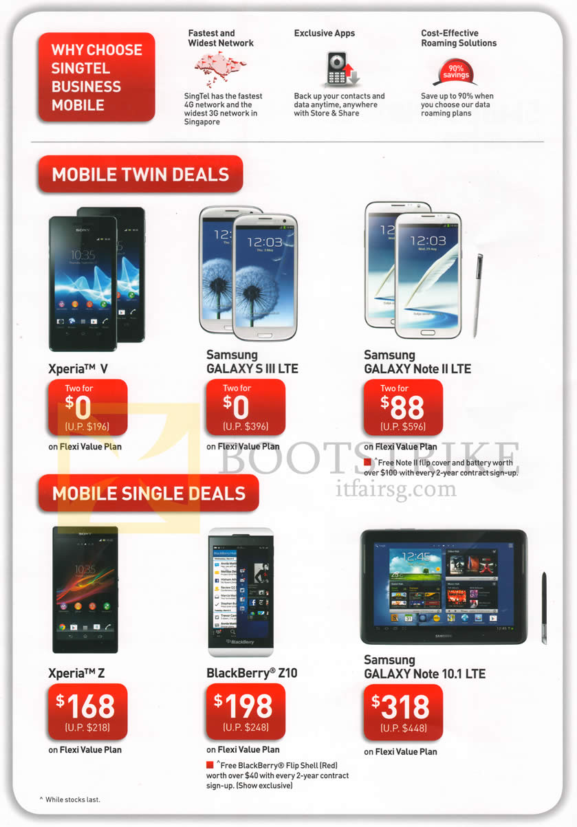 IT SHOW 2013 price list image brochure of Singtel Business Mobile Twin Deals Sony Xperia V, Samsung Galaxy S III LTE, Note II LTE, Note 10.1 LTE, Xperia Z, Blackberry Z10