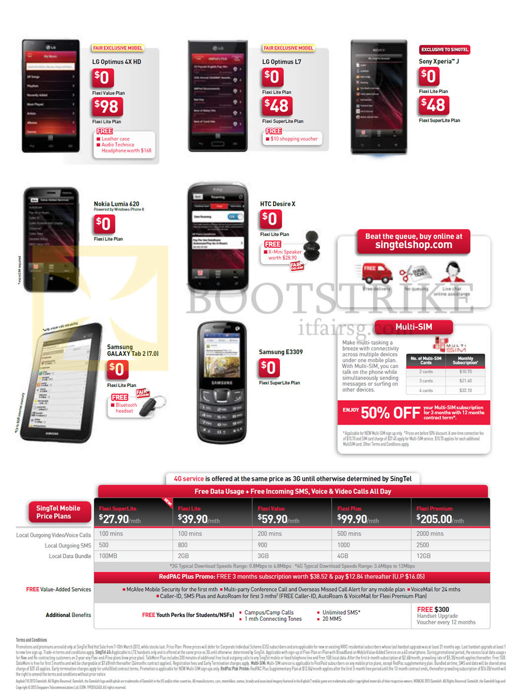 IT SHOW 2013 price list image brochure of Singtel Mobile Phones LG Optimus 4X HD, L7, Sony Xperia J, Nokia Lumia 620, HTC Desire X, Samsung E3309, Galaxy Tab 7.0