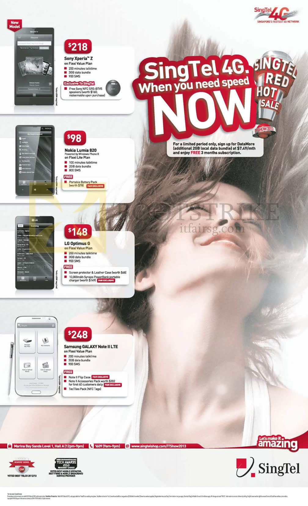 IT SHOW 2013 price list image brochure of Singtel Mobile Phones Sony Xperia Z, Nokia Lumia 820, LG Optimus G, Samsung Galaxy Note II LTE