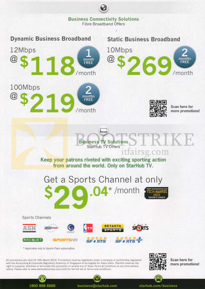 IT SHOW 2013 price list image brochure of Starhub Business Broadband Dynamic 12Mbps, 100Mbps, Static 10mbps, Cable TV Sports Channel