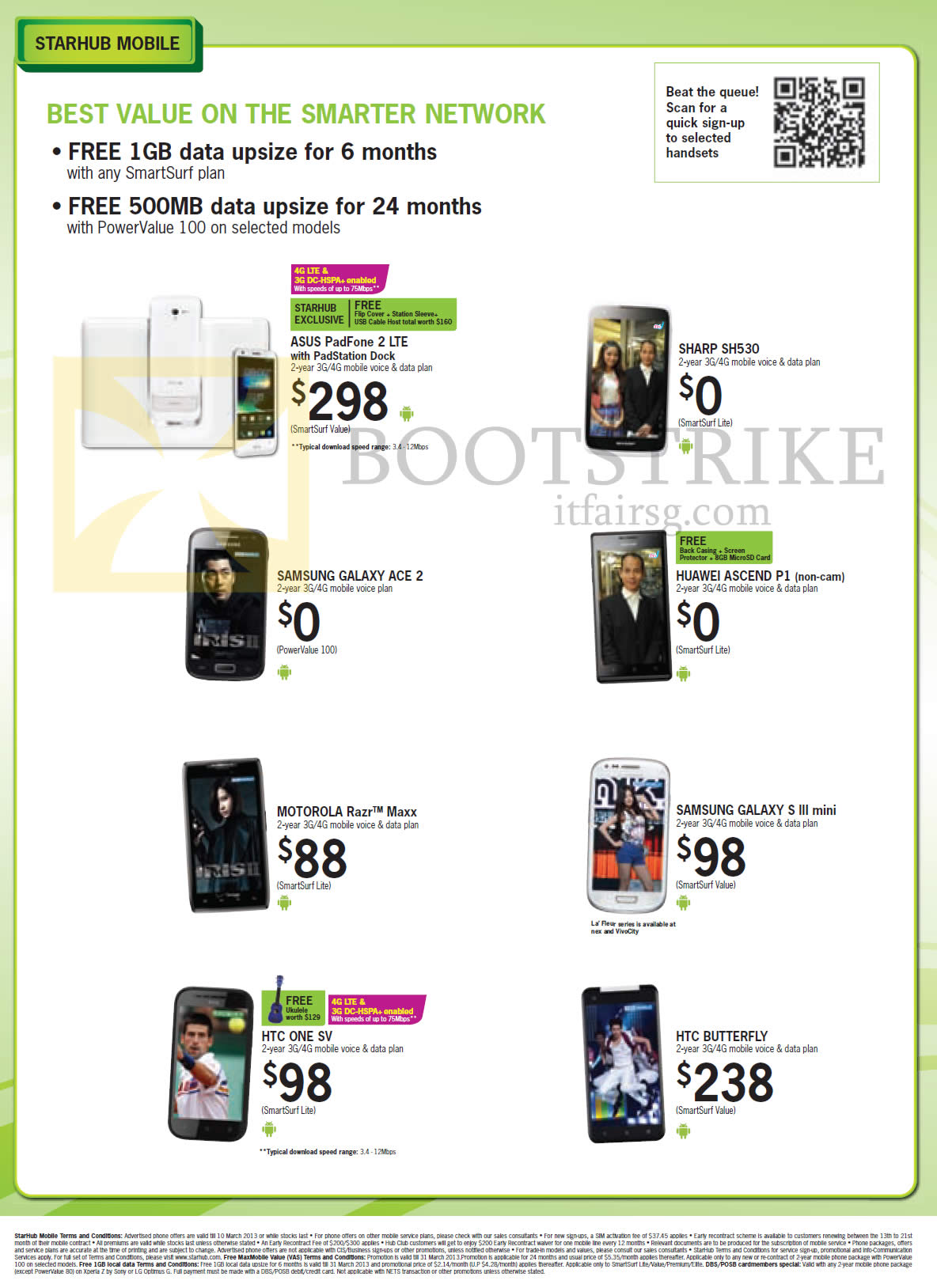 IT SHOW 2013 price list image brochure of Starhub Mobile Phones ASUS PadFone 2 LTE, Sharp SH530, Samsung Galaxy Ace 2, Huawei Ascend P1, Motorola Razr Maxx, Samsung Galaxy S III Mini, HTC One SV, Butterfly