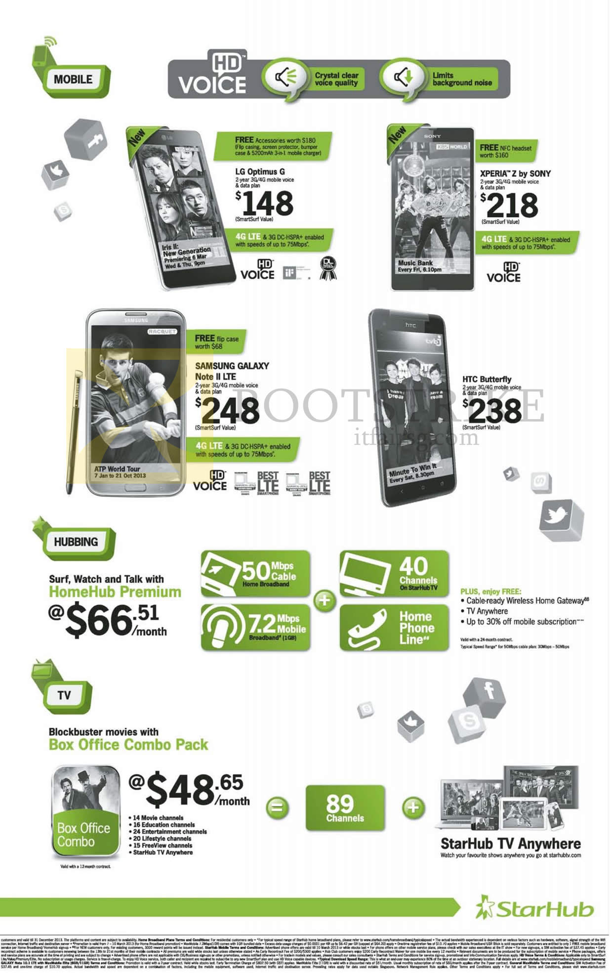 IT SHOW 2013 price list image brochure of Starhub Mobile Phones HD Voice LG Optimus G, Sony Xperia Z, Samsung Galaxy Note II LTE, HTC Butterfly, Cable TV Box Office Combo Pack