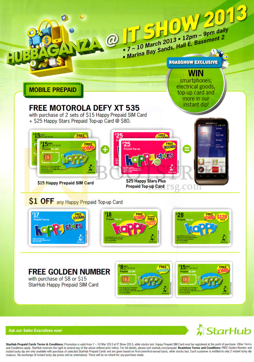 IT SHOW 2013 price list image brochure of Starhub Prepaid Mobile Motorola Defy XT 535, Happy Top-Up Card, Free Golden Number