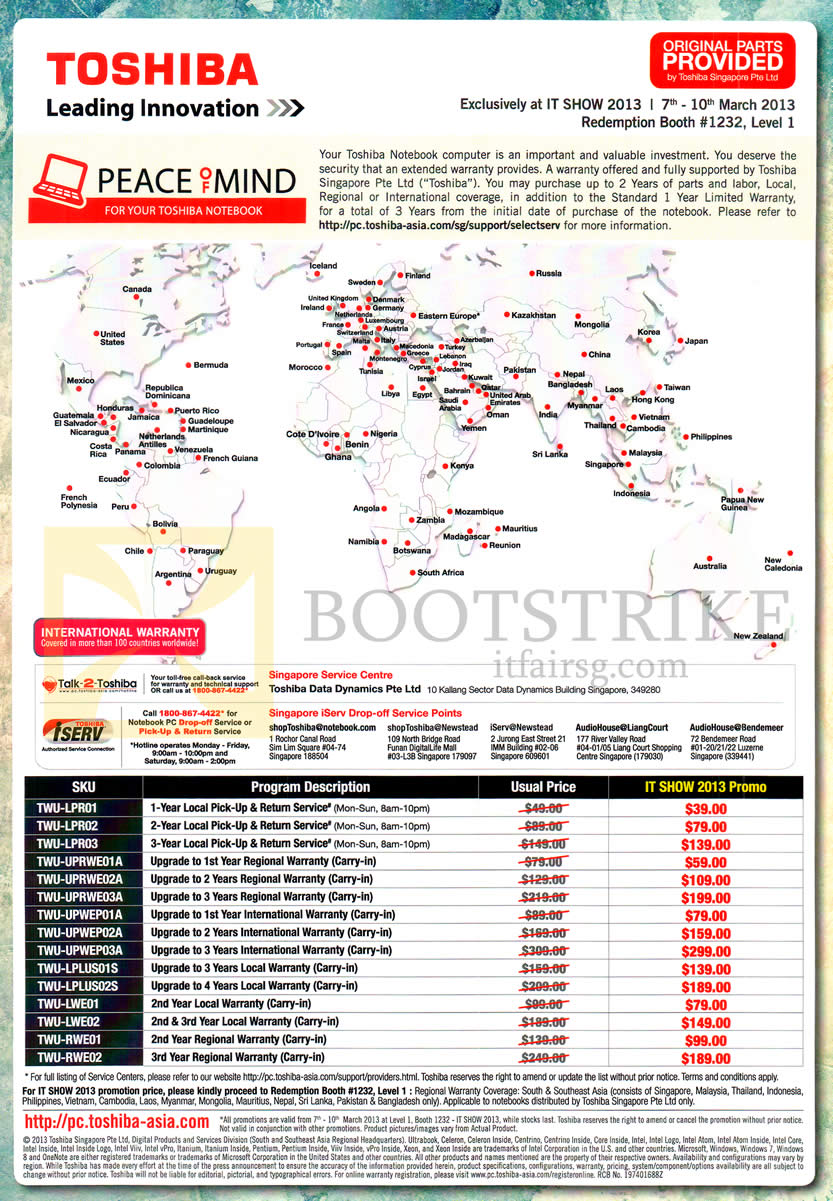 IT SHOW 2013 price list image brochure of Toshiba Warranty International Countries, Upgrade Warranty Options