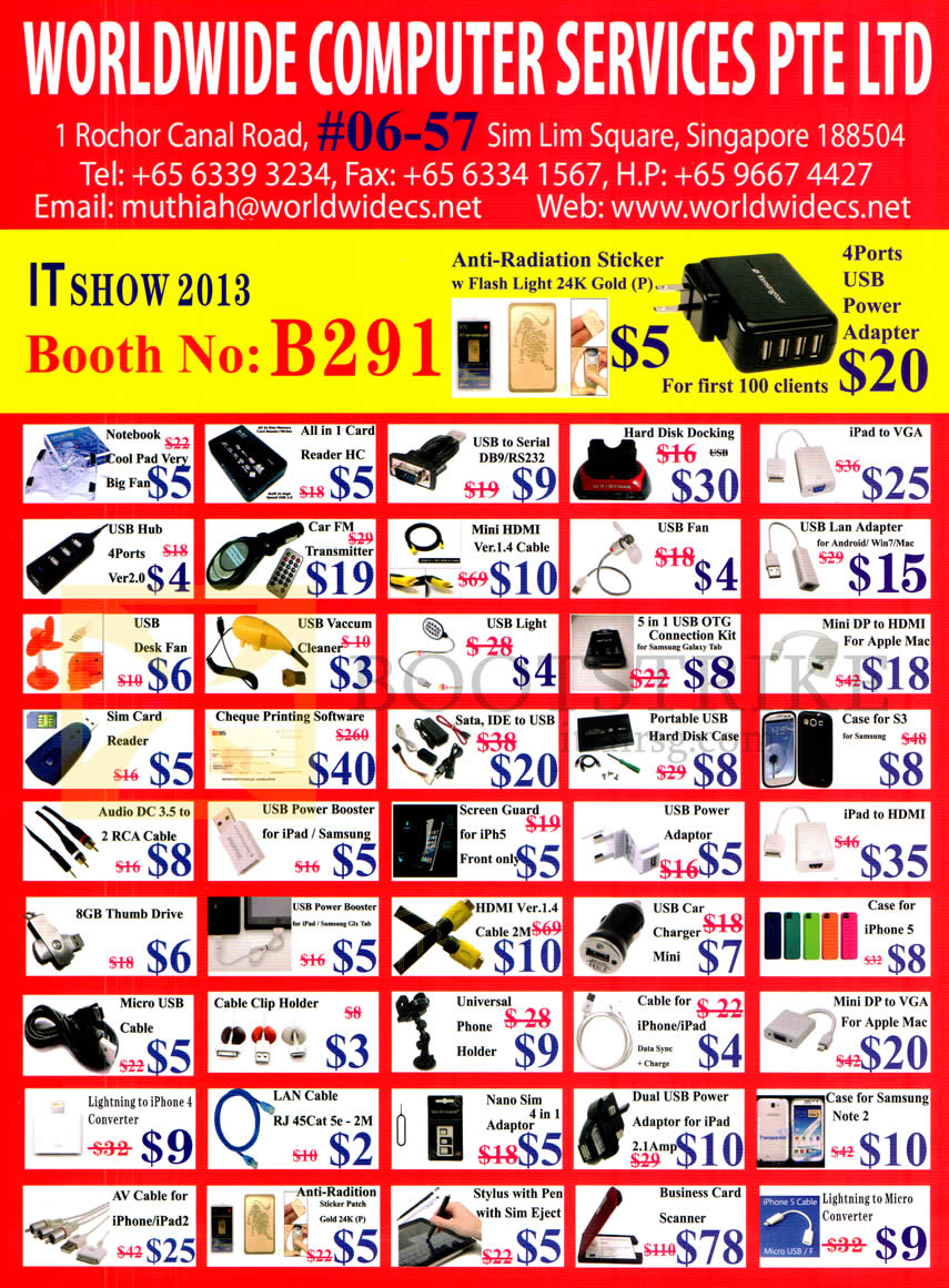 IT SHOW 2013 price list image brochure of Worldwide Computer Accessories Notebook Cooling Pad, USB LAN Adapter, Portable Charger, Screen Protector, Flash Drive, SIM Card Reader, Vacuum Cleaner, HDMI, Case