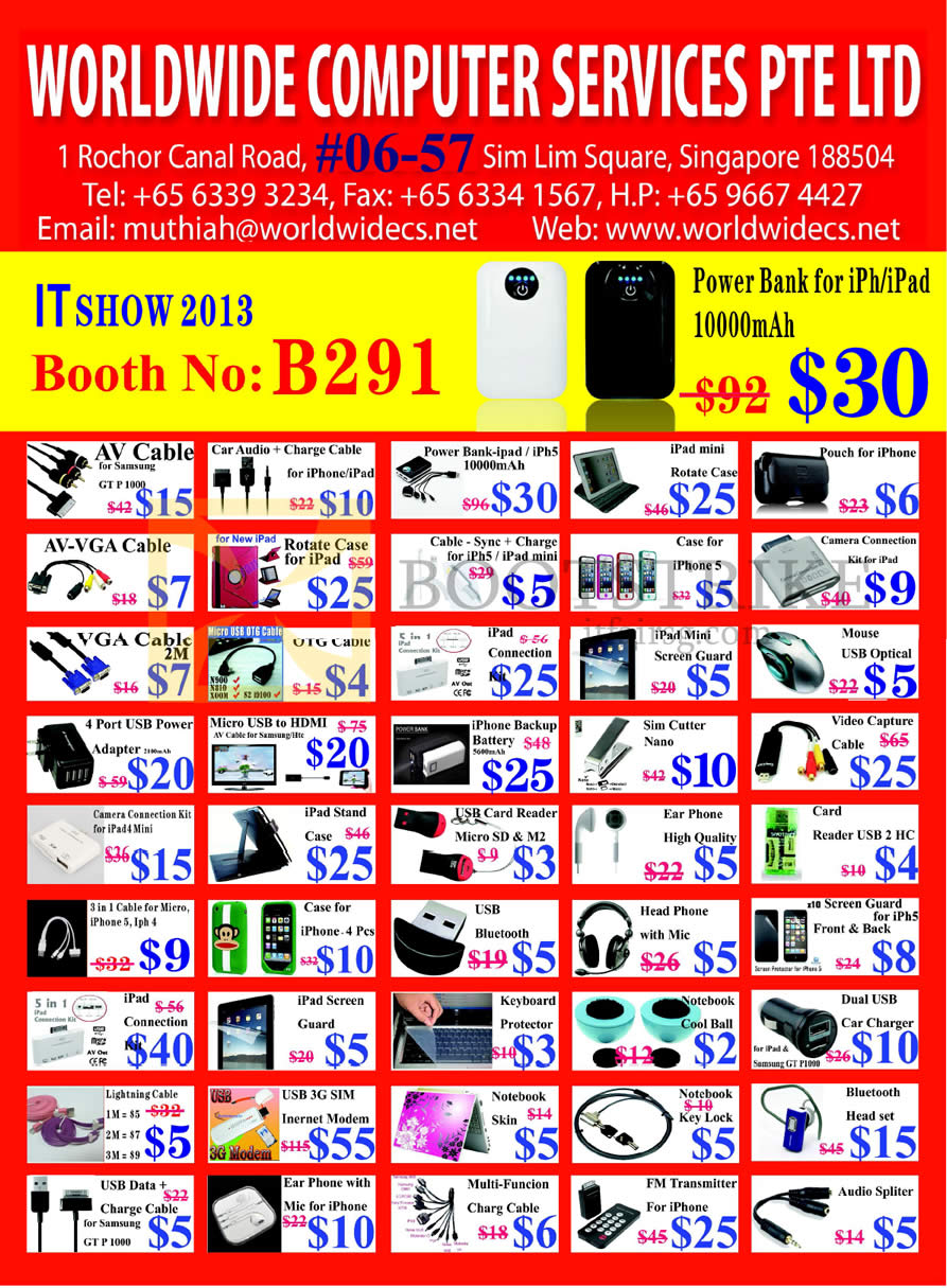 IT SHOW 2013 price list image brochure of Worldwide Computer Accessories Portable Charger, IPad Case, IPhone Case, Cable, Sim Cutter, Battery, Card Reader, Keyboard Protector, Earphones, Lightning Cable