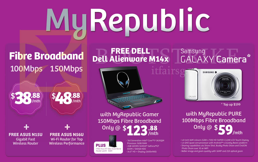 IT SHOW 2013 price list image brochure of IKnow MyRepublic Fibre Broadband 100Mbps, 150Mbps, Free Dell Alienware M14x Notebook, Samsung Galaxy Camera, Pure