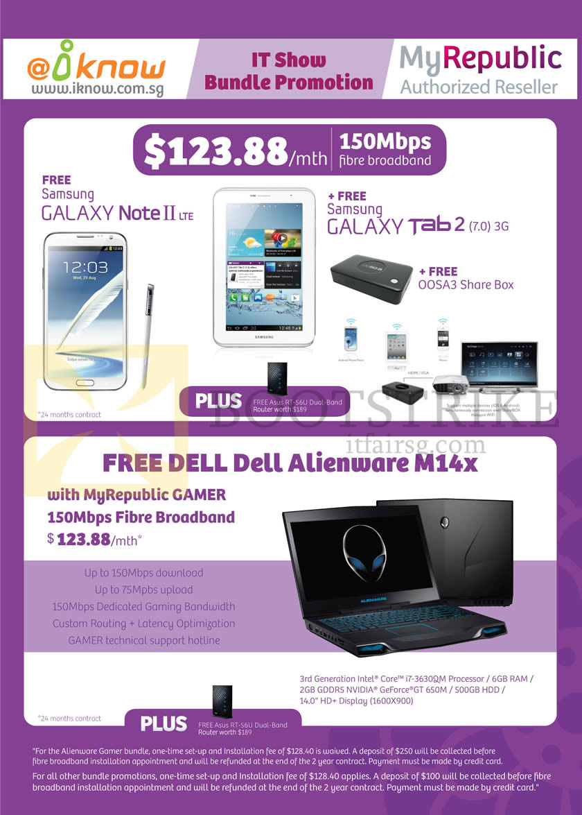 IT SHOW 2013 price list image brochure of IKnow MyRepublic Fibre Broadband 150Mbps, Samsung Galaxy Note II LTE, Galaxy Tab 2 7.0, Gamer 150Mbps Free Dell Alienware M14x