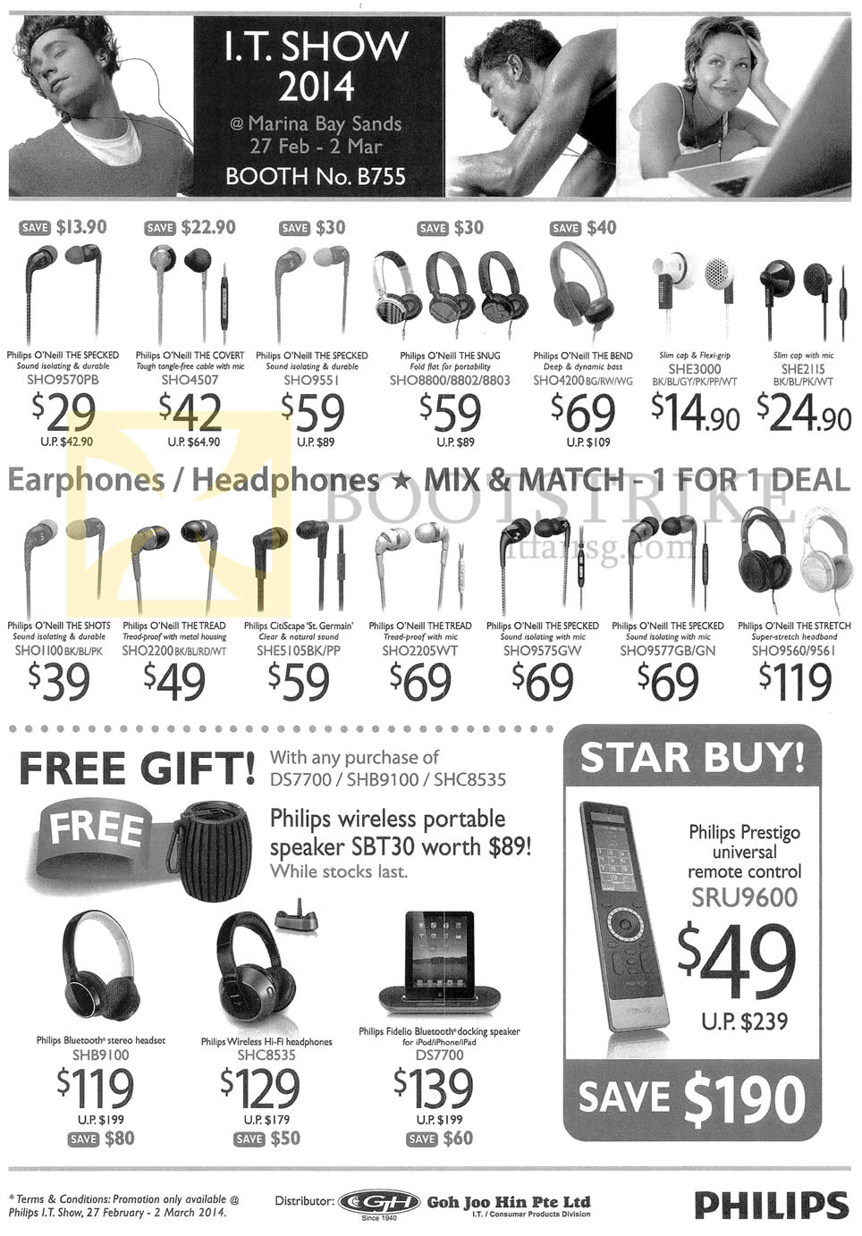 IT SHOW 2014 price list image brochure of A.D. Industries Philips Earphones, Headphones, O Neill Specked, Covert, Snug, Bend, She3000, Shots, Treat, St Germain, Stretch