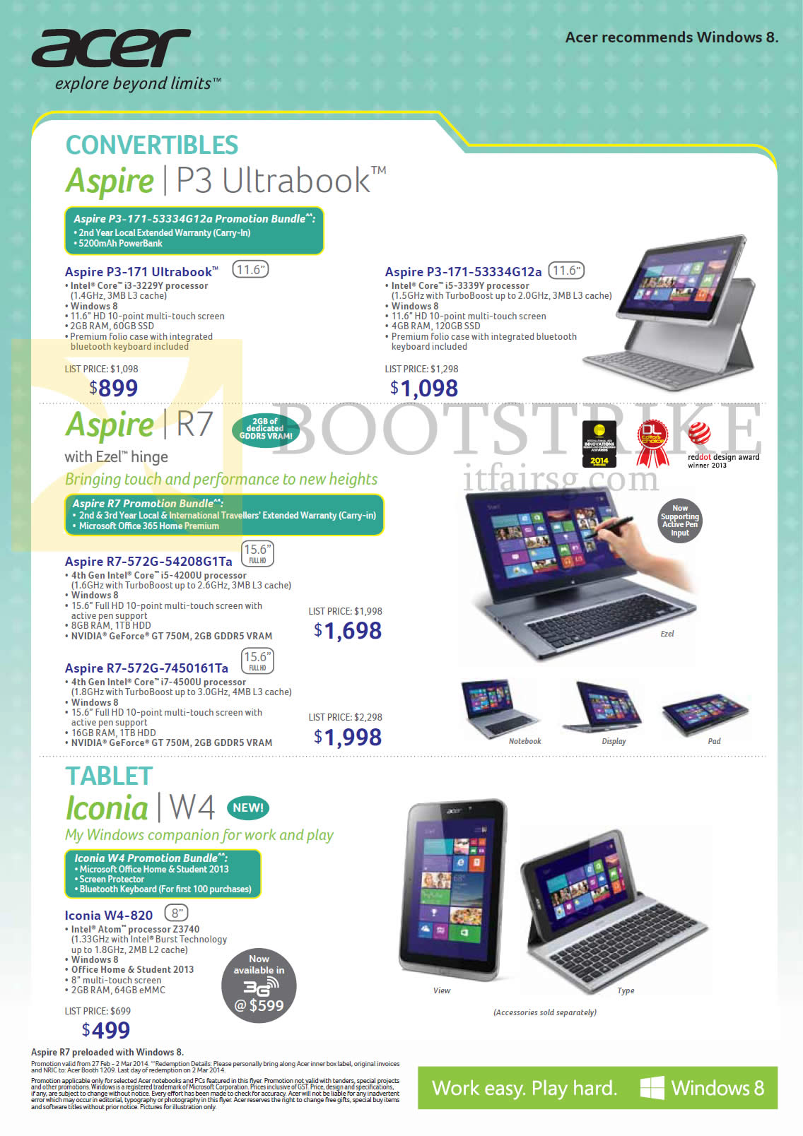 IT SHOW 2014 price list image brochure of Acer Notebooks, Tablets, Aspire P3-171, R7-572G, Iconia W4-820