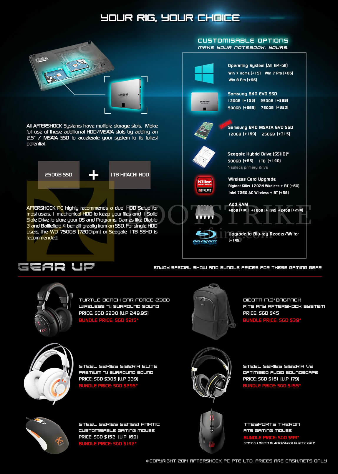 IT SHOW 2014 price list image brochure of Aftershock Notebooks Customisable Options, Accessories Turtle Beach Ear Force Headphones, Steel Series Siberia, Sensei, Dicota