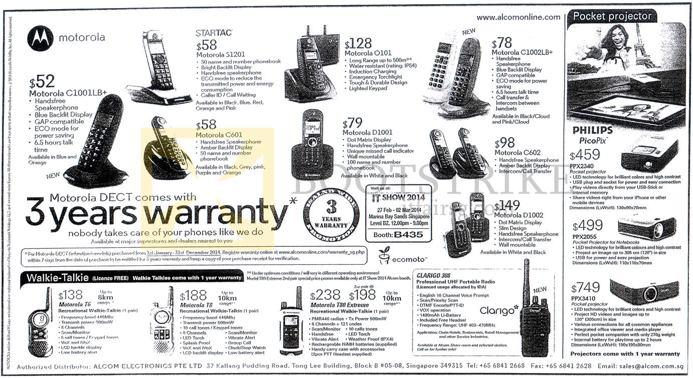 IT SHOW 2014 price list image brochure of Alcom Motorola Phones C1001LB, Startac, C601, O101, D1001, C1002LB Plus, C602, D1002, Walkie Talke T6 T8 T80 Extreme, Clarigo 308 Philips Prjectors PPX 2340 205S 3410