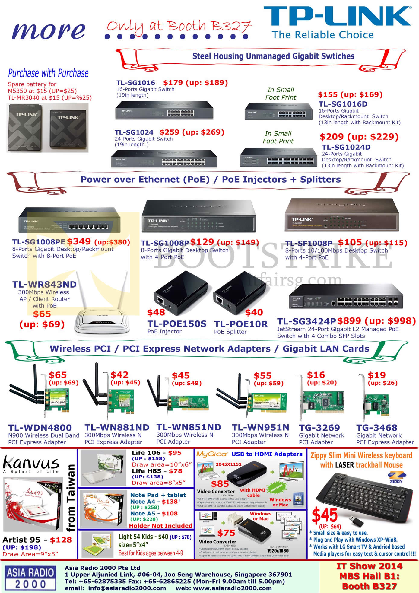 IT SHOW 2014 price list image brochure of Asia Radio TP-Link Networking Gigabit Switches, Wireless Routers, PCI Express Adapters, Kanvus, Life, Note Pad, MyGica USB HDMI, Zippy Keyboard