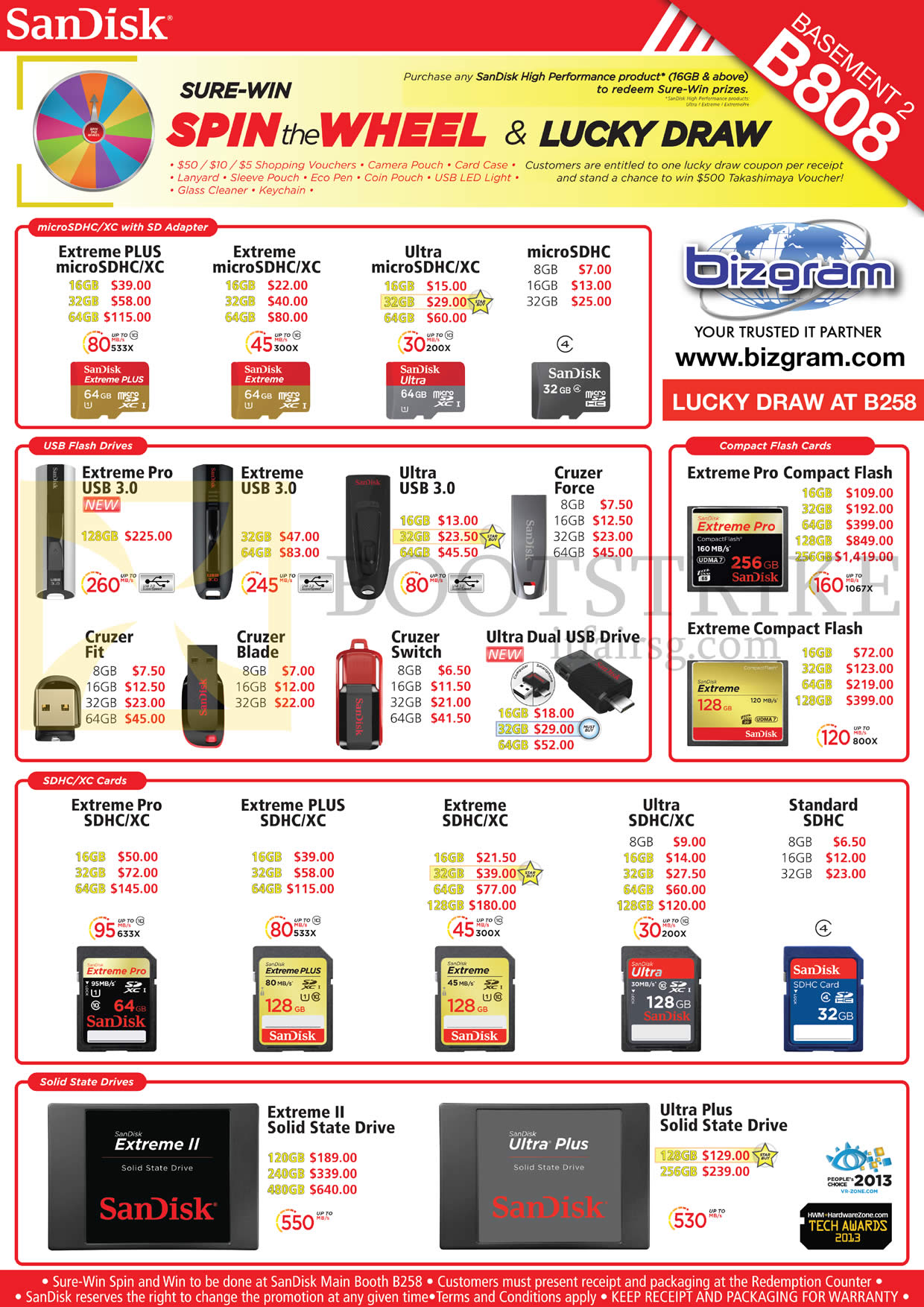 IT SHOW 2014 price list image brochure of Bizgram Memory Cards, USB Flash Drives, Sandisk Extreme Plus, Pro, MicroSDHC, Cruzer Force, Fit, Switch, Blade, Ultra SDHC, CompactFlash CF, SSD