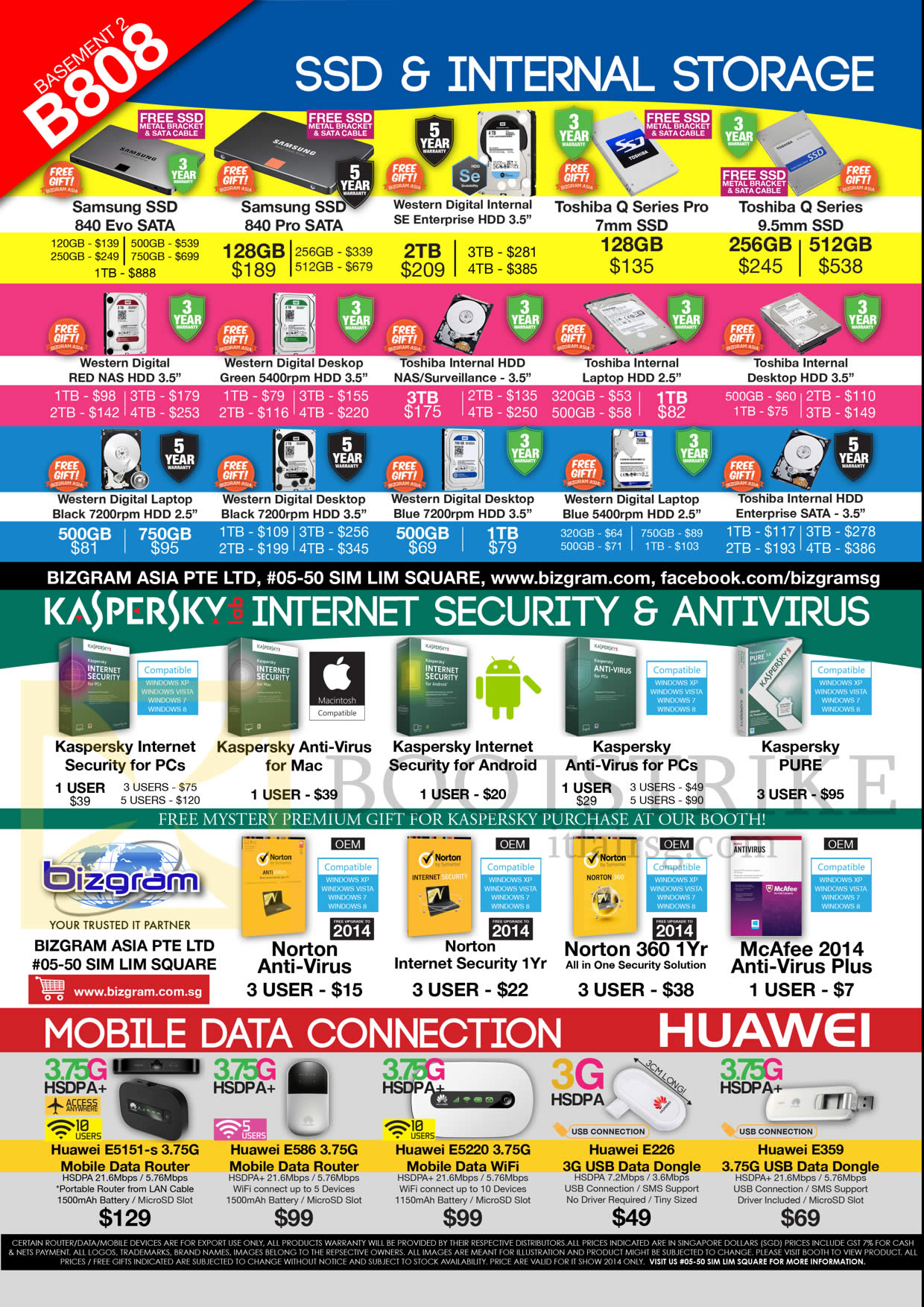 IT SHOW 2014 price list image brochure of Bizgram SSD Samsung Evo, Internal HDD Western Digital WD, Toshiba, Kaspersky Internet Security, Antivirus, Toshiba, Huawei Router 3.75G Dongle, Norton