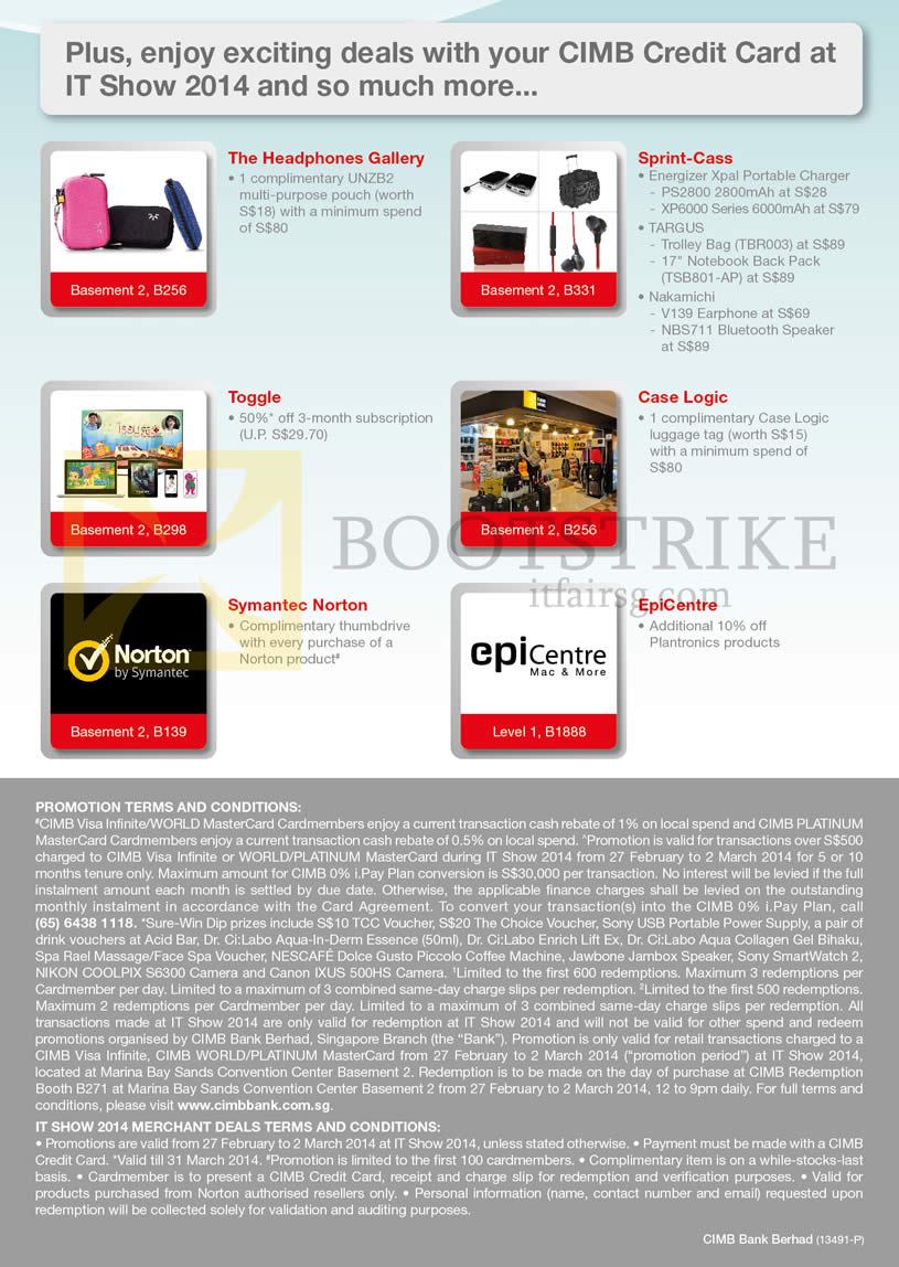 IT SHOW 2014 price list image brochure of CIMB Deals, Terms N Conditions, Headphones Gallery, Sprint-Cass, Toggle, Case Logic, Norton, EpiCentre