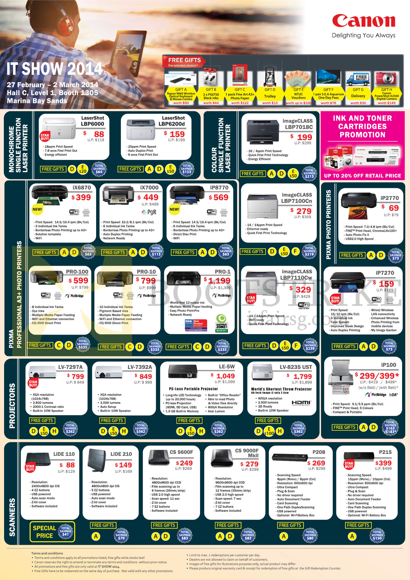 IT SHOW 2014 price list image brochure of Canon Printers, Projectors, Scanners LaserShot LBP6000, LBP6200d, ImageCLASS LBP7018C, LBP7100Cn, IX6870, IP2770, IP100, LE-5W, LV-7392A, LV-7297A, Lide 110, 210, P208