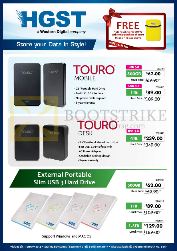 IT SHOW 2014 price list image brochure of Convergent HGST External Storage Drives Touro Mobile, Desk 500GB 1TB 1.5TB 2TB