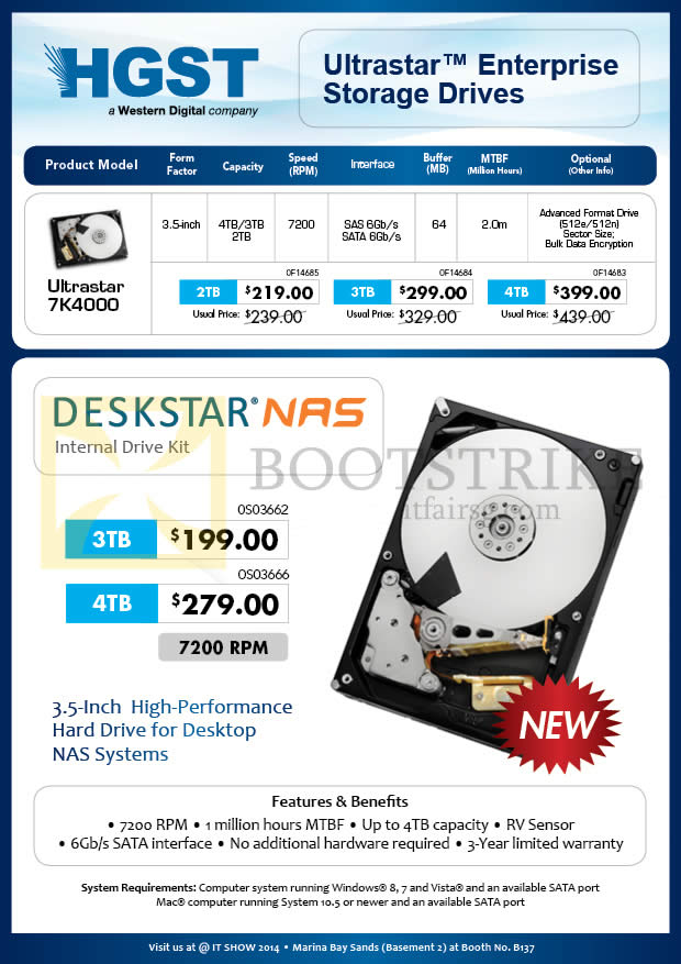 IT SHOW 2014 price list image brochure of Convergent HGST Internal HDD Ultrastar 7K4000, Deskstar NAS 2TB 3TB 4TB