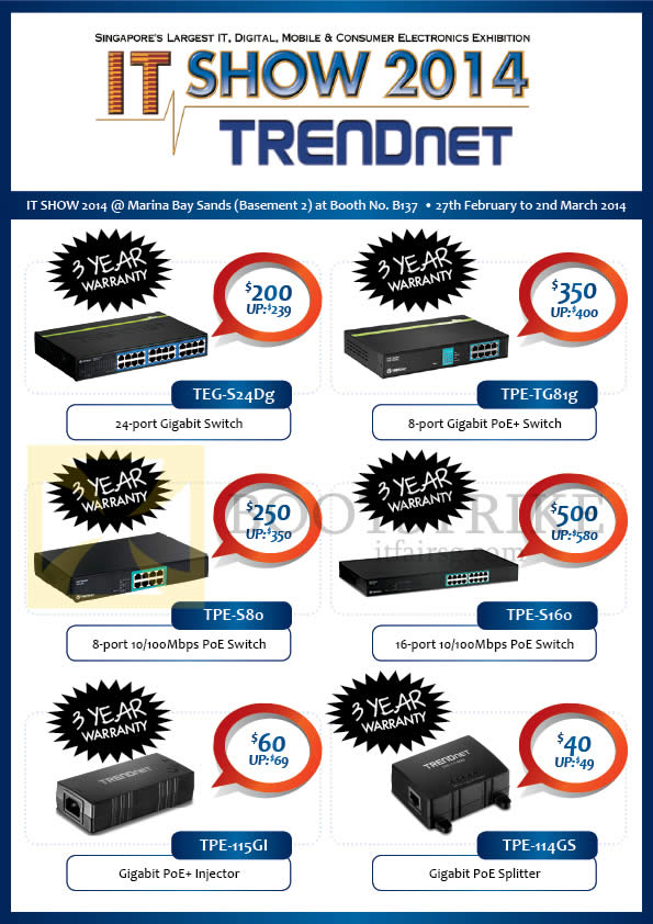 IT SHOW 2014 price list image brochure of Convergent Trendnet Networking Gigabit Switch, PoE, Injector, Splitter