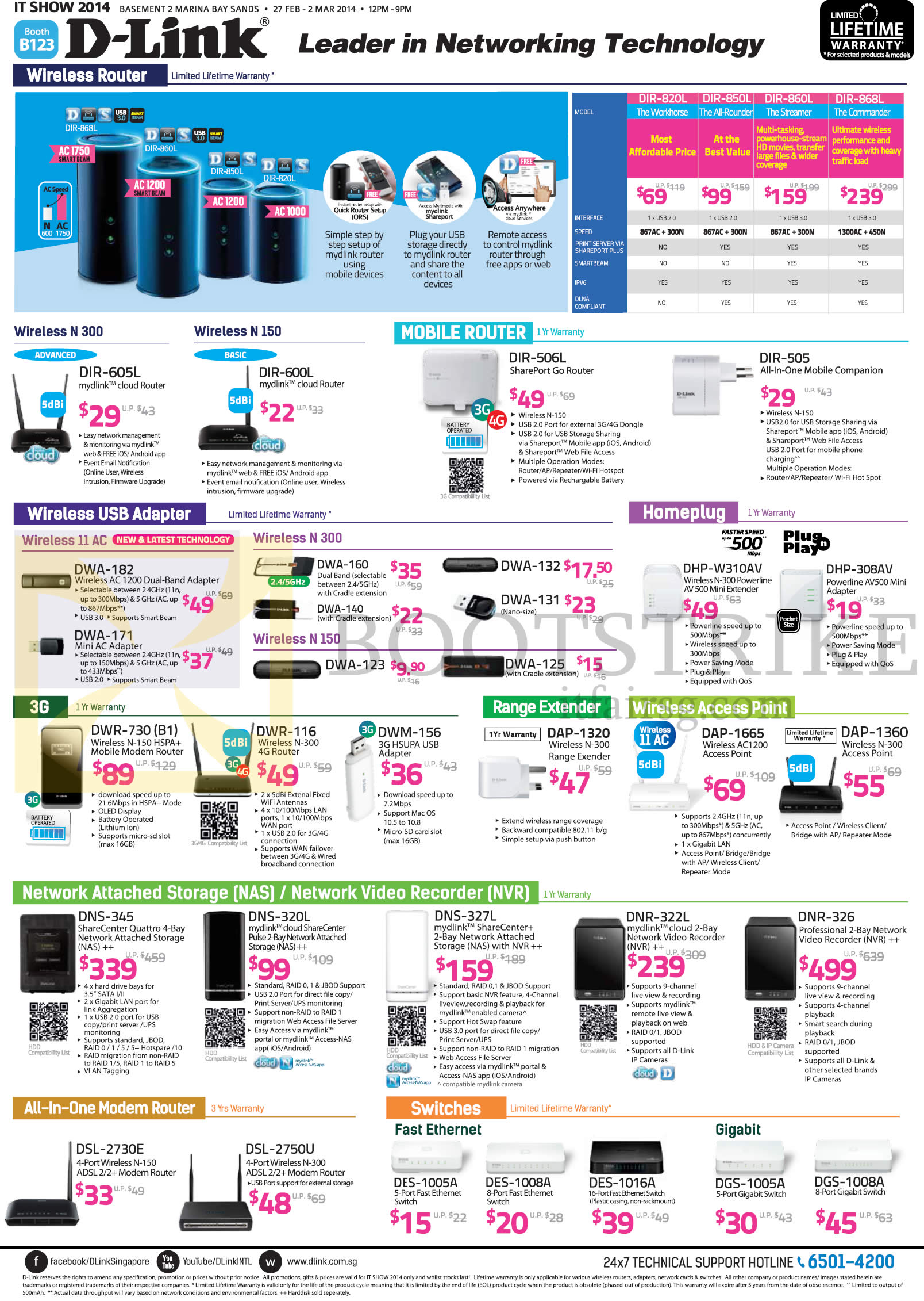 IT SHOW 2014 price list image brochure of D-Link Networking Wireless Mobile Routers, USB Adapter, Network Video Recorder, Modem Router, Switches, HomePlug, Range Extender, NAS