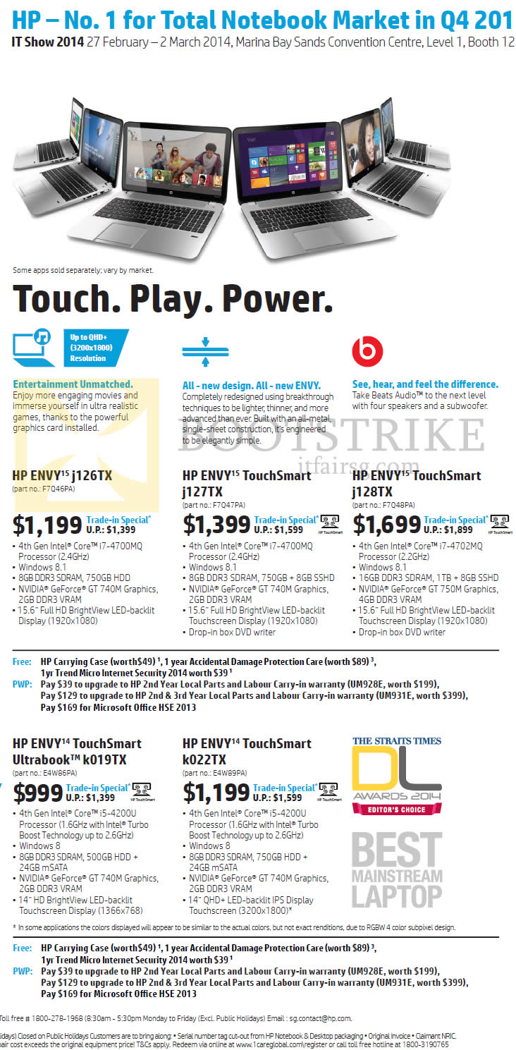 IT SHOW 2014 price list image brochure of HP Notebooks Envy J126TX, Envy TouchSmart J127TX, J128TX, K019TX, K022TX