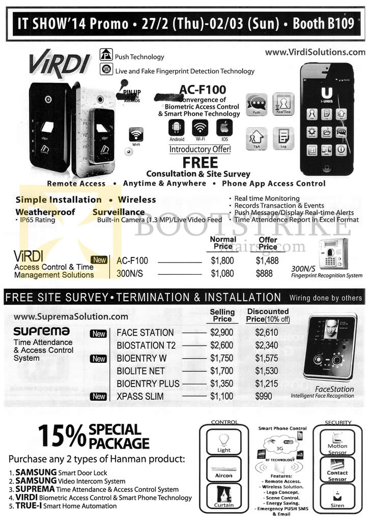 IT SHOW 2014 price list image brochure of Hanman Price List Virdi Time Management Solutions, AC-F100, 300NS, Face Station, Biostation T2, Bioentry W, Biolite Net, Bioentry Plus, Xpass Slim