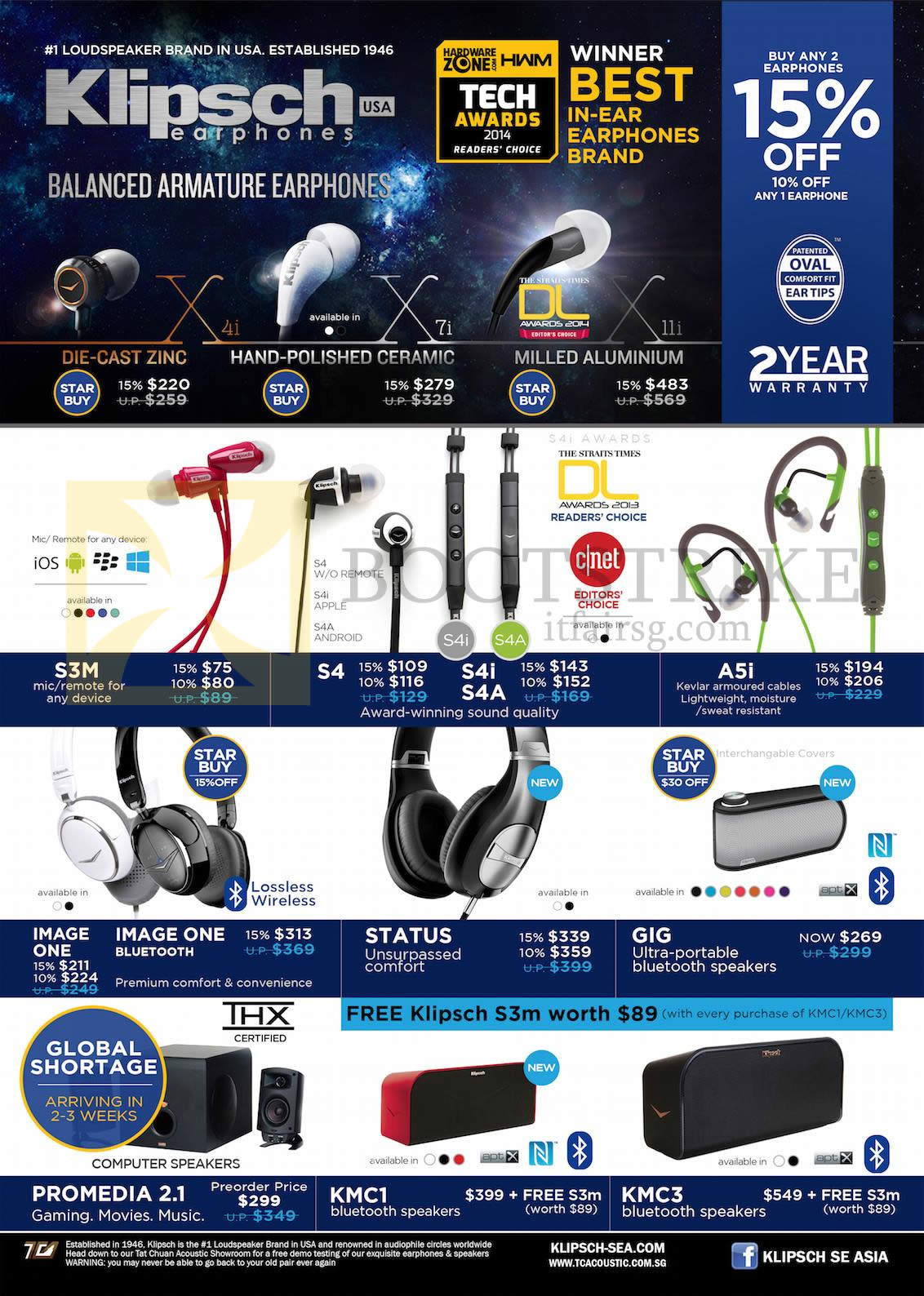 IT SHOW 2014 price list image brochure of Klipsch EpiCentre Nubox Harvey Norman Tech Vogue, Earphones X4i, X7i, X11i, S3M, S4, A5i, Image One, Status, Gig, Promedia 2.1 Speakers, KMC