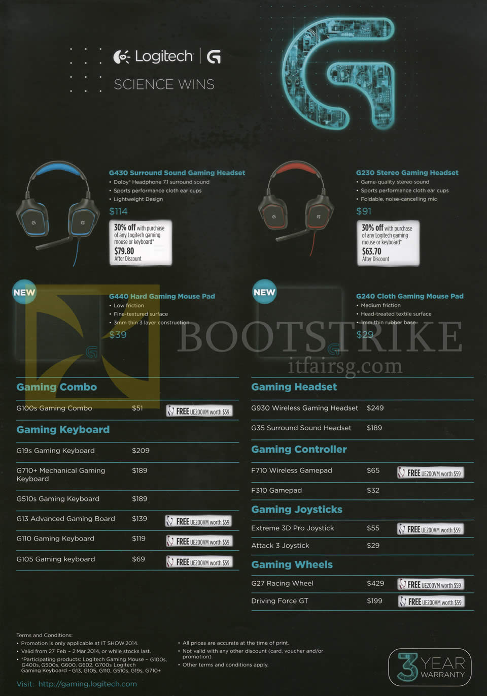 IT SHOW 2014 price list image brochure of Logitech Gaming Headsets G430 Surround, G230 Stereo, Keyboard Mouse G440 G240 G100s G19s G710 G510 G13 G110 G105 G930 G35 F710 F310, G27 Racing Wheel