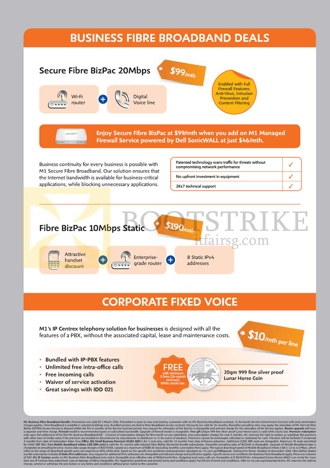 IT SHOW 2014 price list image brochure of M1 Business Fibre Broadband Secure Fibre BizPac 20Mbps, 10Mbps Static, Fixed Foice