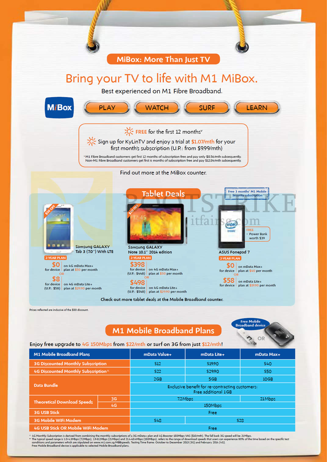 IT SHOW 2014 price list image brochure of M1 MiBox, Tablets Samsung Galaxy Tab 3, Note 10.1 2014 Edition, ASUS Fonepad 7, Plans MData Value Lite Max