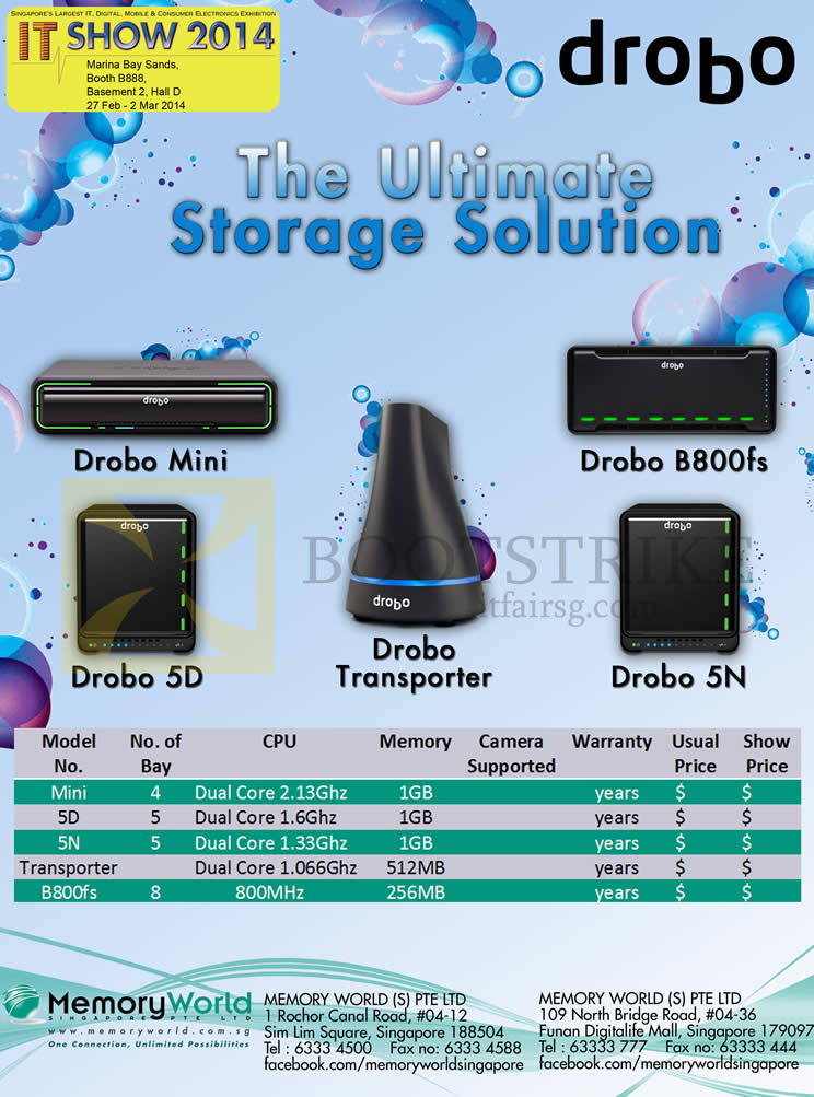 IT SHOW 2014 price list image brochure of Memory World Drobo NAS Mini, 5D, 5N, Transporter, B800fs