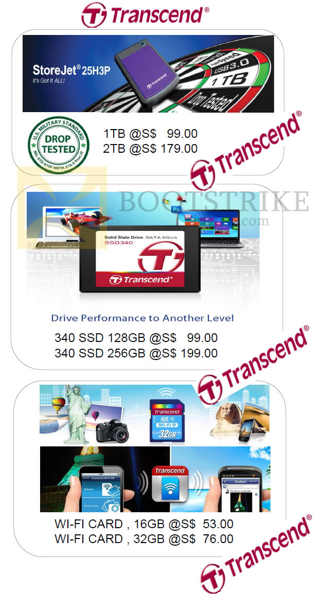 IT SHOW 2014 price list image brochure of Memory World Transcend Storejet 25H3P, SSD, Wi-Fi Card