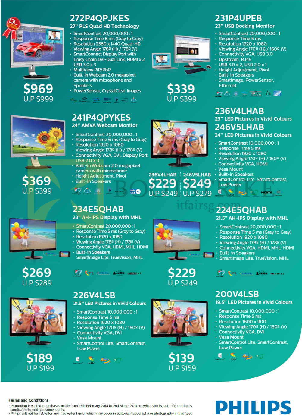 IT SHOW 2014 price list image brochure of Philips Monitors Newstead 272P4QPJKES, 231P4UPEB, 241P4QPYKES, LED 236V4LHAB, 246V5LHAB, 234E5QHAB, 224E5QHAB, 226V4LSB, 200V4LSB