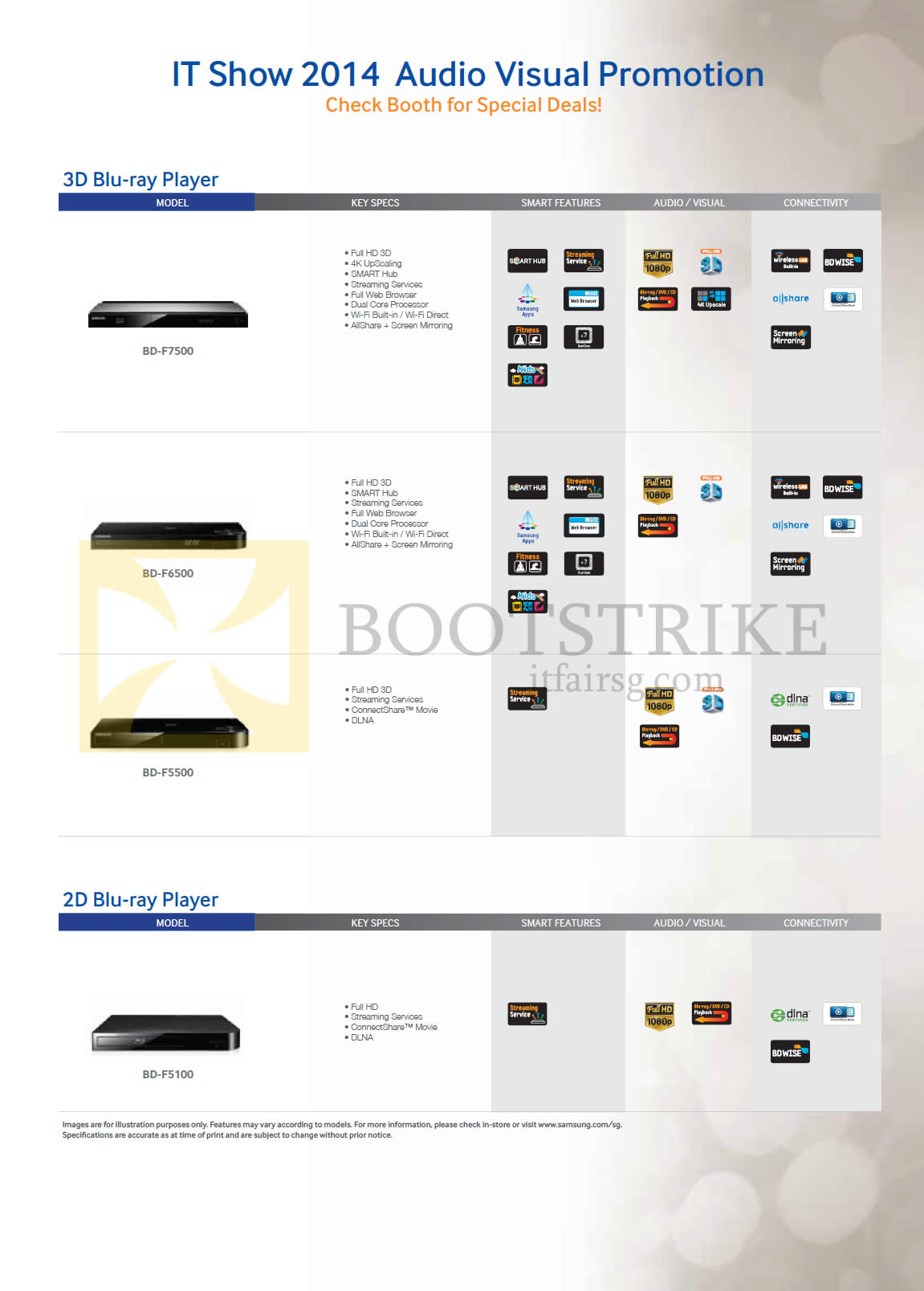 IT SHOW 2014 price list image brochure of Samsung Best Denki (No Prices) Blu-Ray Players BD-F7500, F6500, F5500, F5100