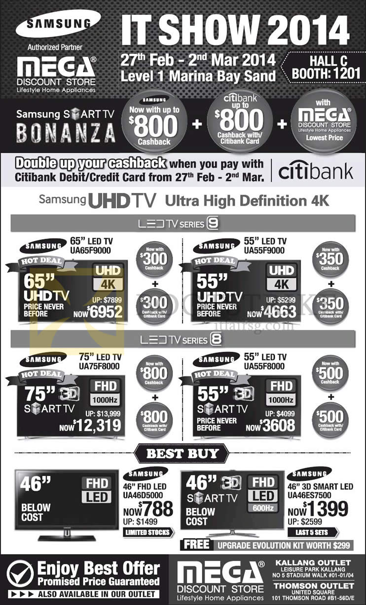 IT SHOW 2014 price list image brochure of Samsung Mega TV UA65F9000, UA55F9000, UA75F8000, UA55F8000, UA46D5000, UA46ES7500