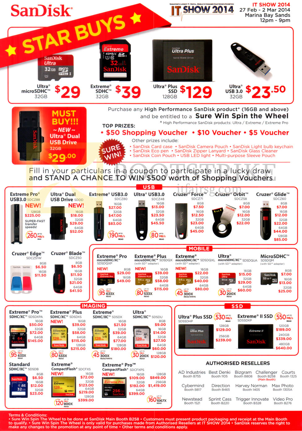 IT SHOW 2014 price list image brochure of SanDisk USB Flash Drives Extreme Pro Ultra Cruzer Orbit Glide Edge Blade, Memory Cards, MicroSDHC SDHC CompactFlash, SSD Ultra