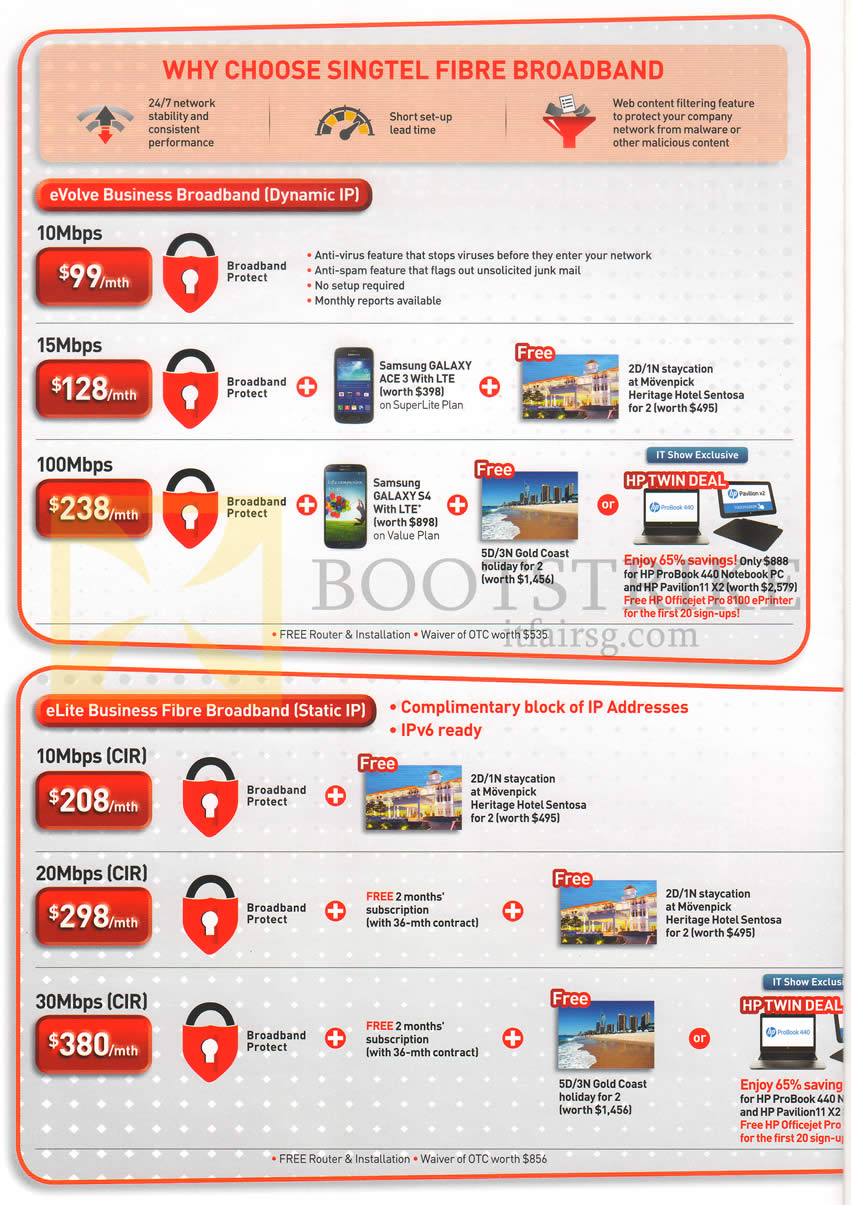 IT SHOW 2014 price list image brochure of Singtel Business Fibre Broadband EVolve 10Mbps 15Mbps 100Mbps Dynamic IP, ELite Static IP