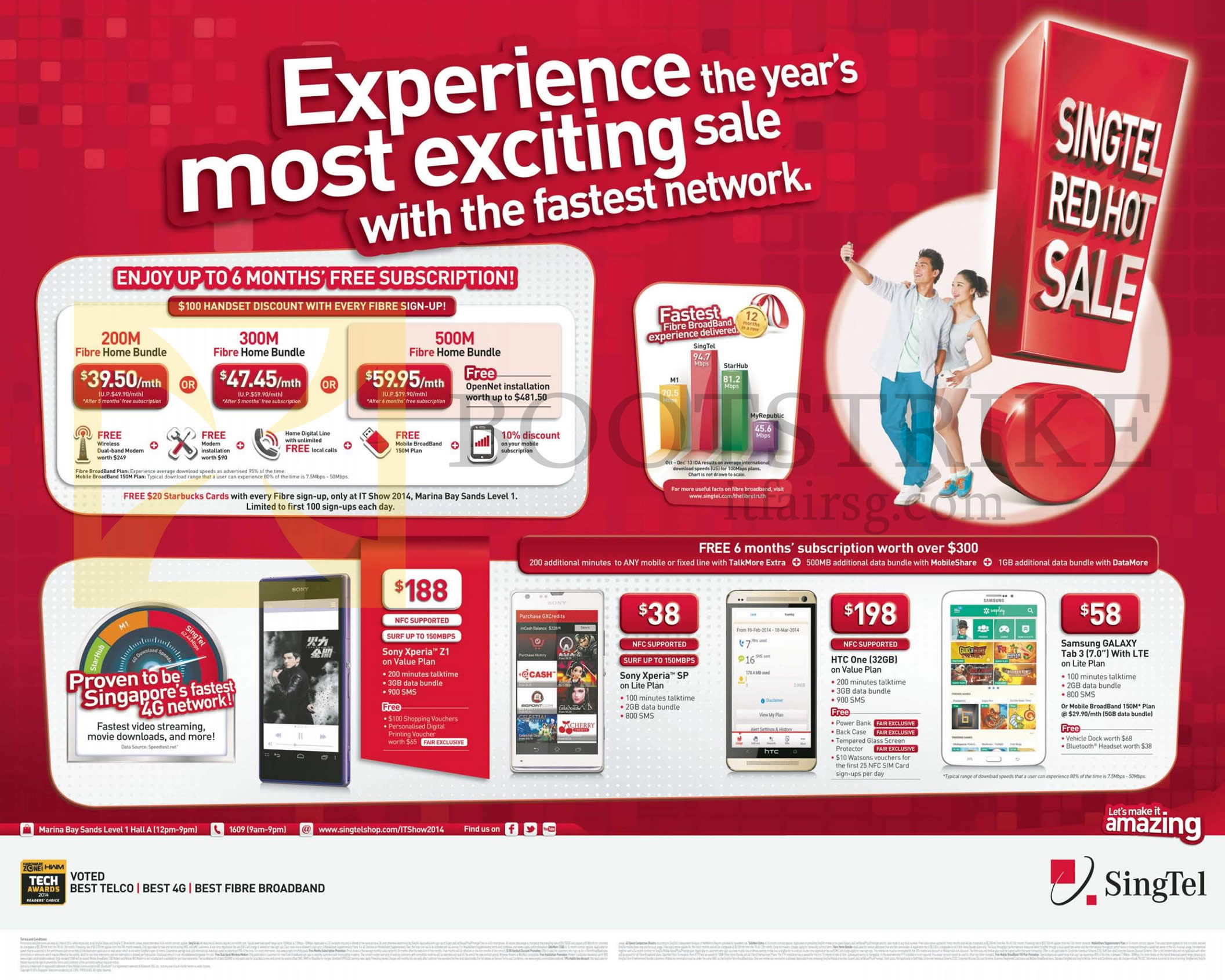 IT SHOW 2014 price list image brochure of Singtel Fibre Home Bundles 100 Dollar Handset Discount, Free Starbucks Cards, Sony Xperia Z1, SP, HTC One, Samsung Galaxy Tab 3 7.0