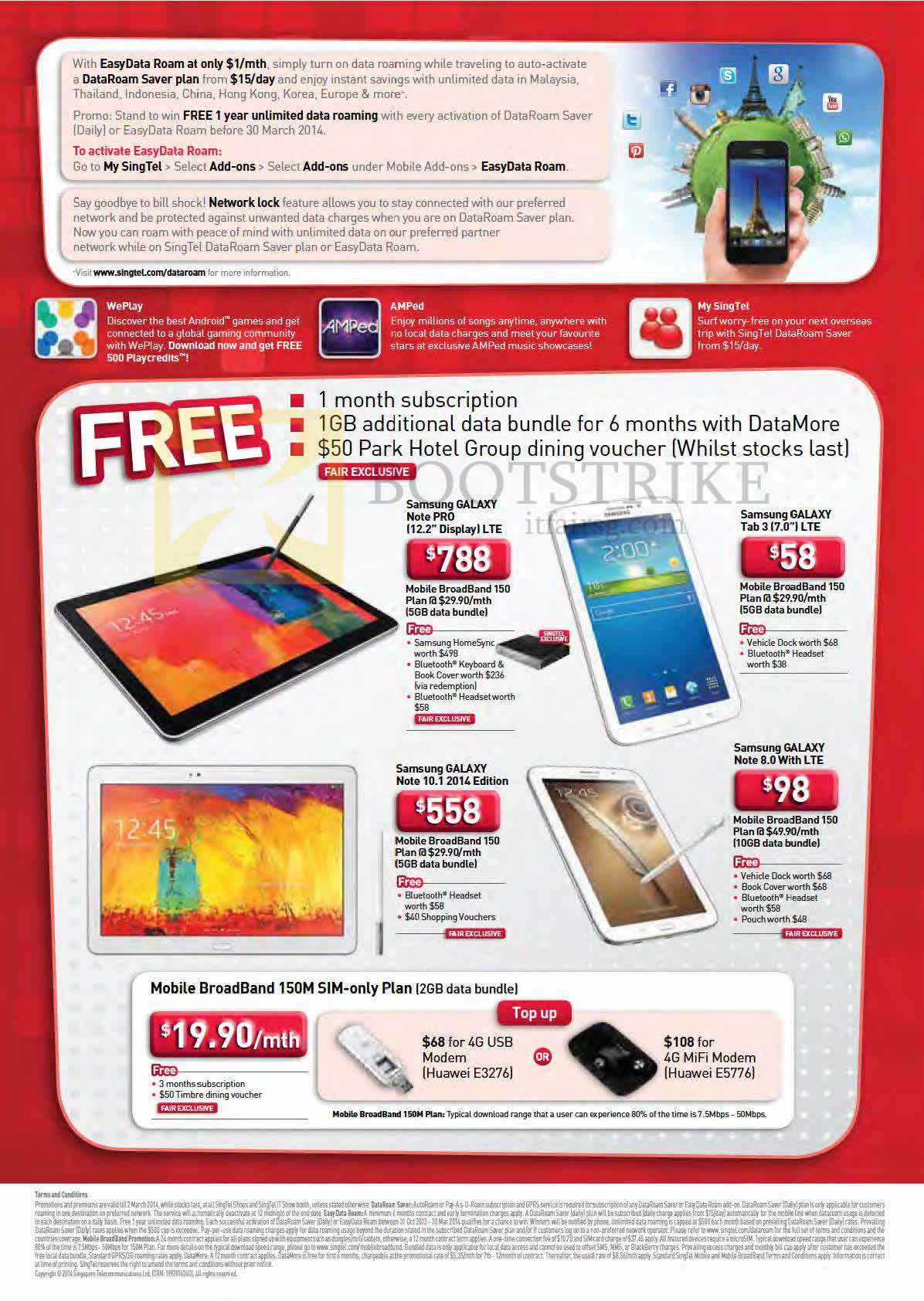 IT SHOW 2014 price list image brochure of Singtel Mobile Broadband Samsung Galaxy Note Pro, Tab 3 7.0, Note 10.1 2014 Edition, Note 8.0, Huawei