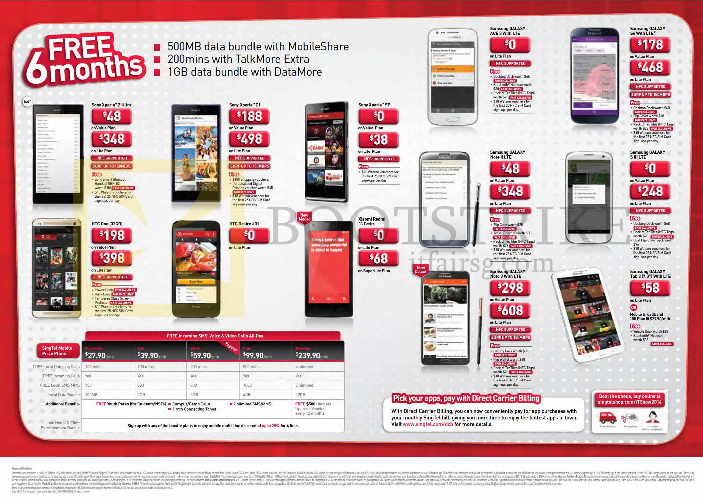 IT SHOW 2014 price list image brochure of Singtel Mobile Price Plans, Xiaomi Redmi, Sony Xperia Z Ultra Z1 SP, HTC One Desire 601, Samsung Galaxy Ace 3, S4, Note II, S III LTE, Note 3, Tab 3 7.0