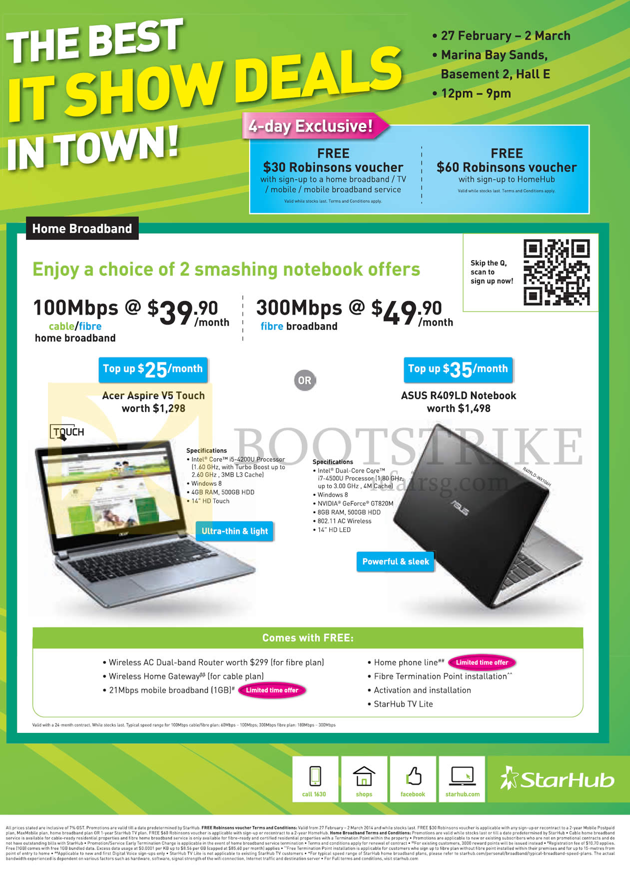 IT SHOW 2014 price list image brochure of Starhub Broadband Cable Fibre 100Mbps 39.90, 300Mbps 49.90, Notebooks Acer Aspire V5 Touch, ASUS R409LD Noteobok