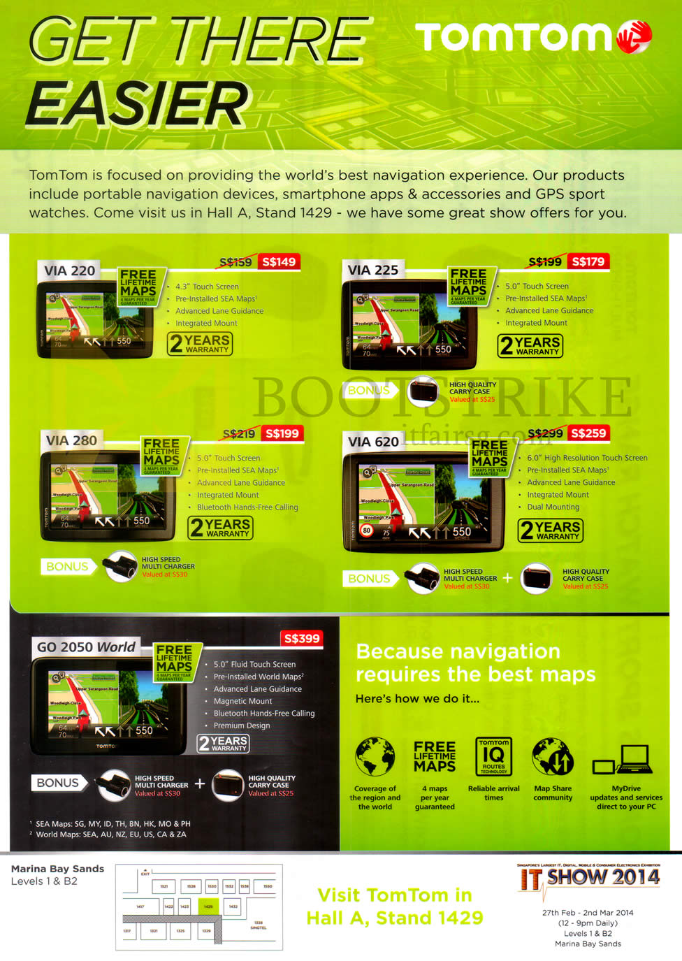 IT SHOW 2014 price list image brochure of Tomtom GPS Navigators VIA 220, 225, 280, 620, GO 2050 World