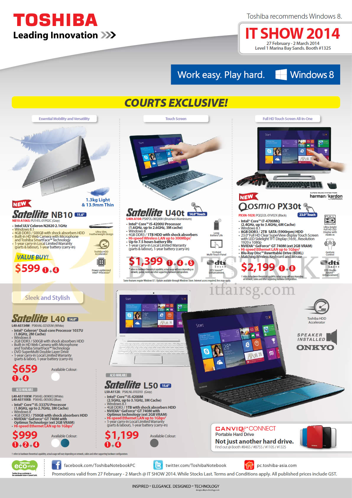 IT SHOW 2014 price list image brochure of Toshiba Notebooks Satellite NB10-A1065, U40t-A104, L40-AS134W, AS110XW, AS110XB, L50-A112X, PX30t-102X