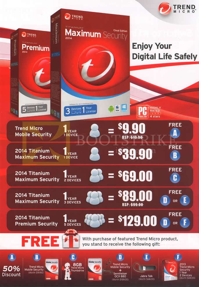 IT SHOW 2014 price list image brochure of Trend Micro Software Internet Security, Mobile, Titanium Maximum, Premium